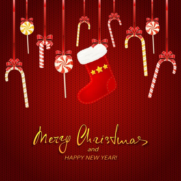 Calcetín de Navidad y bastones de caramelo sobre un fondo de punto rojo. Letras de feliz Navidad y próspero año nuevo, ilustración.