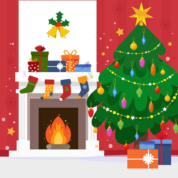 Calcetín de navidad en la chimenea y cajas de regalo calcetines largos de navidad para santa claus presenta el concepto de escena de la chimenea de navidad en diseño plano feliz navidad y feliz año nuevo vacaciones de invierno