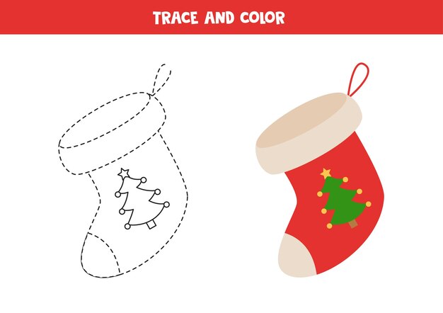 Calcetín de Navidad de dibujos animados de rastreo y color. Hoja de trabajo para niños.