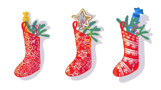 Calcetín de Navidad con dulces regalos y regalos icono con sombra Vector ilustración diseño plano