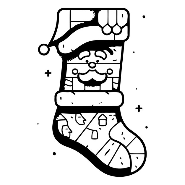 Calcetín de navidad con ilustración vectorial de papá noel en estilo de dibujos animados plano