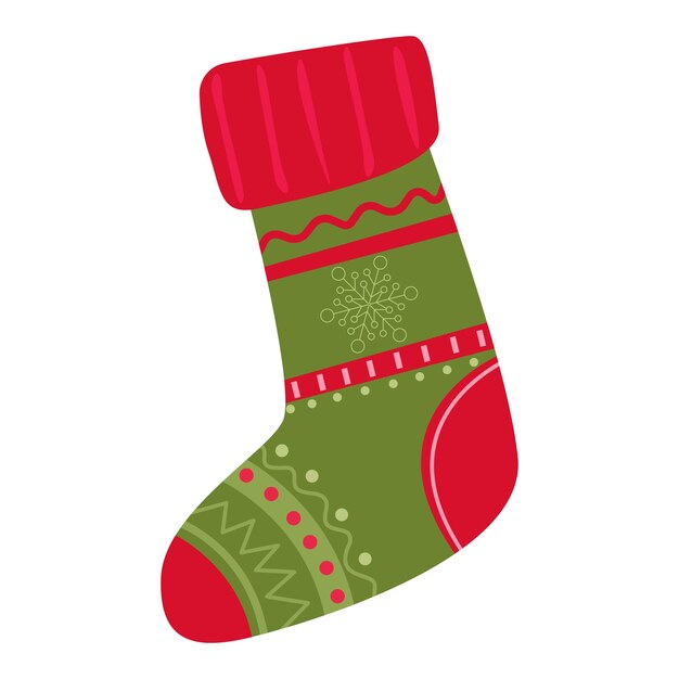 Calcetín de navidad vacío aislado en blanco Calcetín rojo decorativo con piel blanca y parches Ilustración vectorial