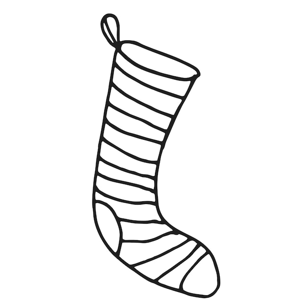Calcetín navideño. Doodle de blanco y negro. Elemento de vector aislado sobre fondo blanco.