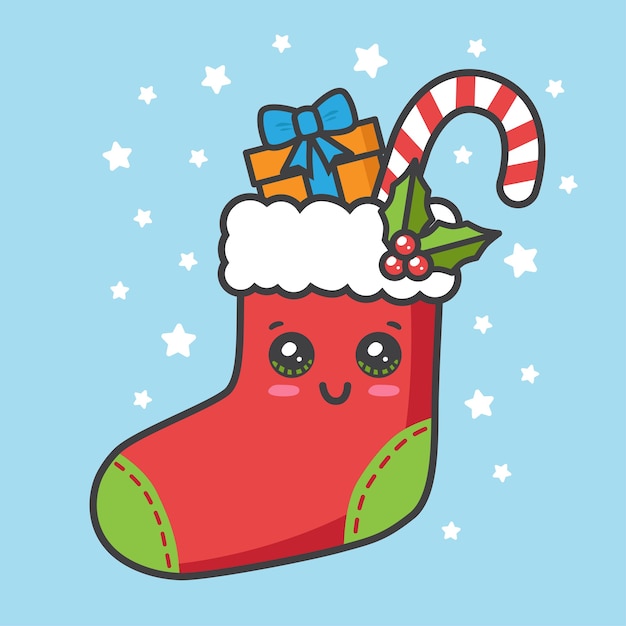 Vector calcetín navideño con regalo y bastón canday