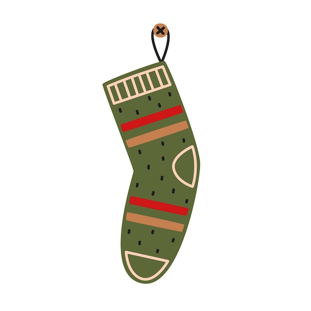 Calcetín navideño verde para regalos. Ilustración de vector de Navidad