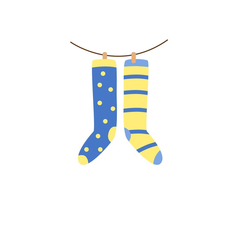 Vector calcetín de punto amarillo azul y despojado con cuerda y pinza
