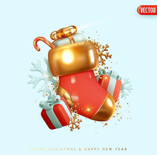 Calcetín rojo navideño. Fondo festivo Feliz Navidad y Feliz Año Nuevo. Cajas de regalo de Navidad, diseño 3d realista de copos de nieve y confeti dorado. Banner de vacaciones, póster web. ilustración vectorial