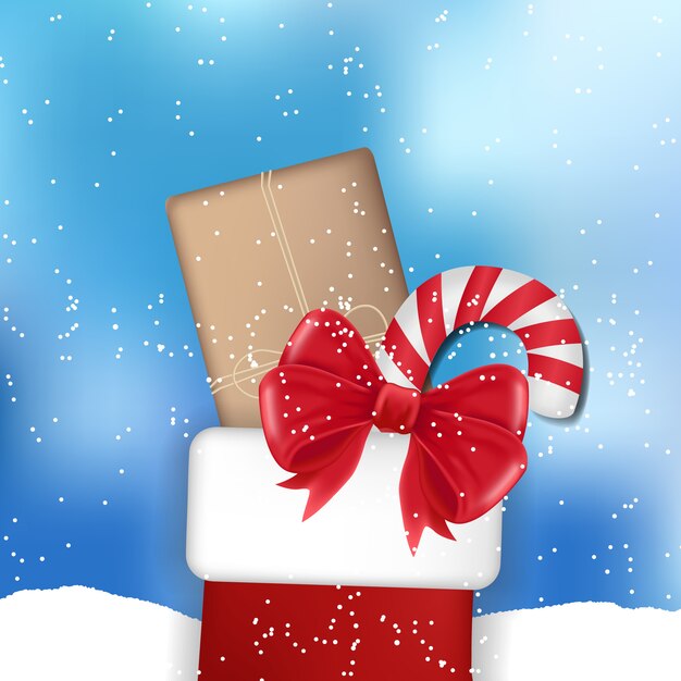 Calcetín rojo para regalo de navidad y bastón de caramelo