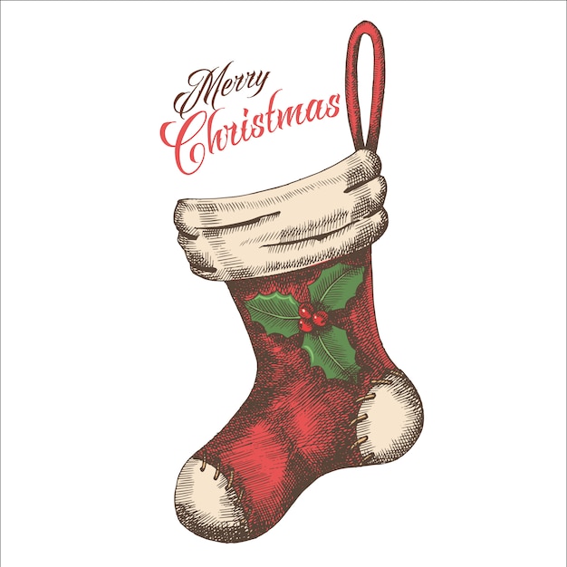 Calcetín vintage de Navidad con tarjeta de felicitación dibujada a mano de acebo