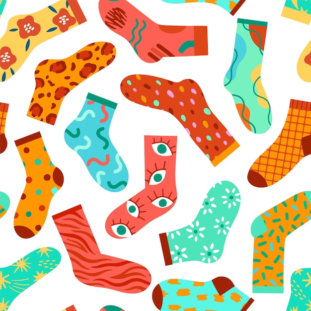 Calcetines brillantes para niños calzado de algodón repetido elementos textiles coloridos diseños hipster de moda adornos modernos patrón transparente de vector