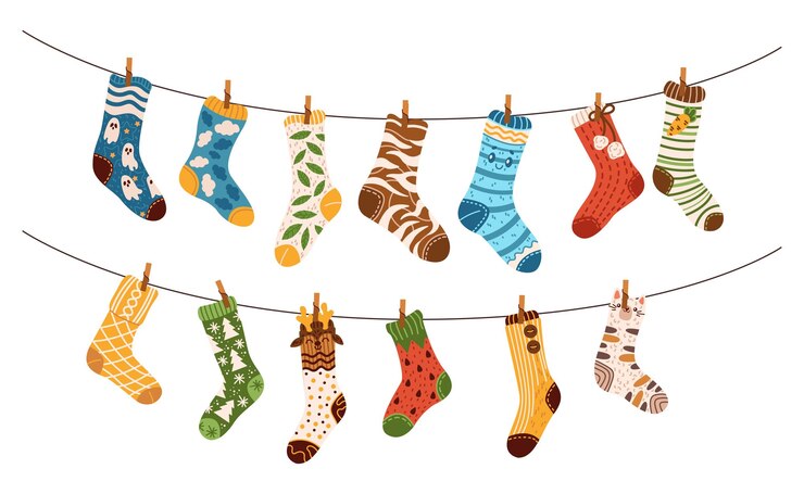 Vector calcetines coloridos con patrones colgando de las cuerdas de la ropa imagen