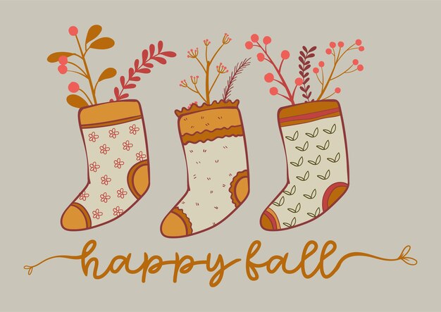Calcetines cómodos para la temporada de otoño con flores y cita Happy Fall Composición Diseño Vector Ilustración