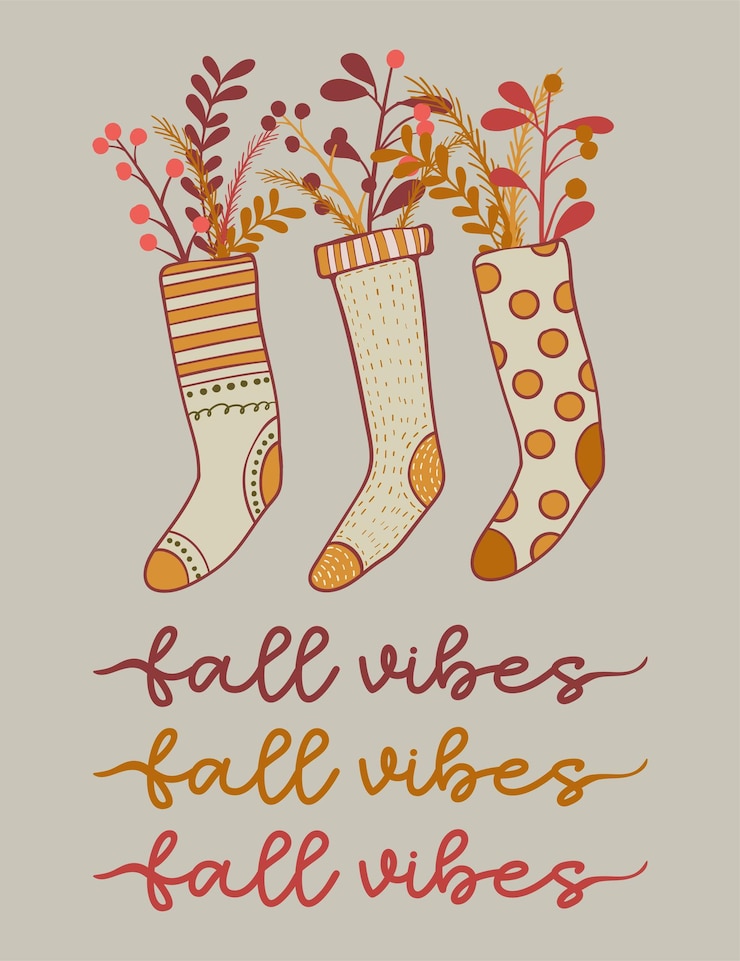 Vector calcetines cómodos para la temporada de otoño con ilustración vectorial de diseño de composición de vibraciones de otoño y cita floral