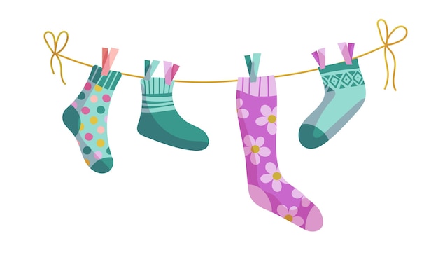 Calcetines de cuerda de ropa Calcetines en una cuerda Calcetines para bebés con patrones de dibujos animados vectoriales
