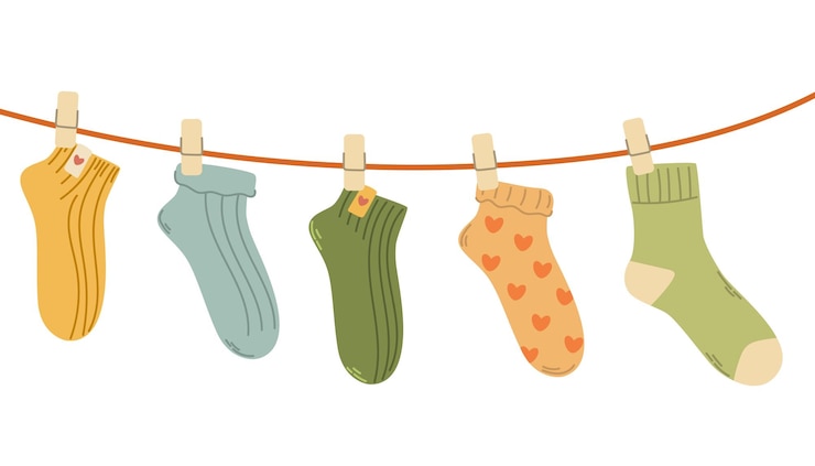 Vector calcetines en una cuerda secando calcetines de algodón en una corda calcetines para niños con texturas y patrones ilustración