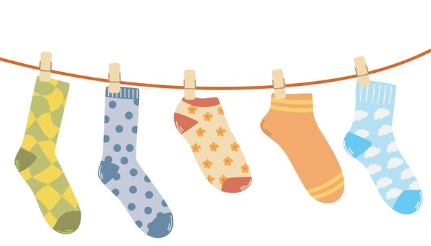 Calcetines en una cuerda secando calcetines de algodón en una corda calcetines para niños con texturas y patrones ilustración