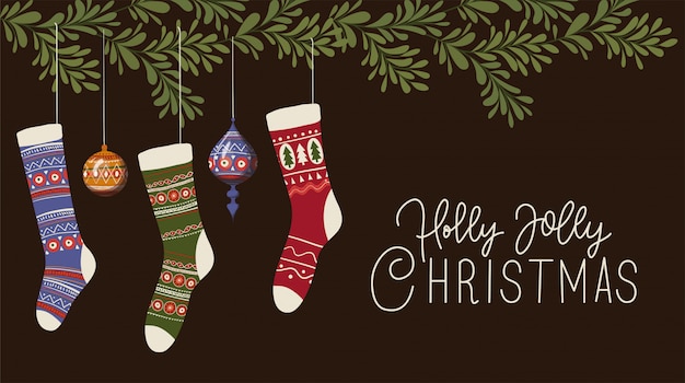 Calcetines y esferas, Feliz Navidad temporada decoración tarjeta invitación celebración e ilustración de vacaciones