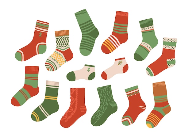 Calcetines de invierno de Navidad establecer ilustración de vector de diseño plano