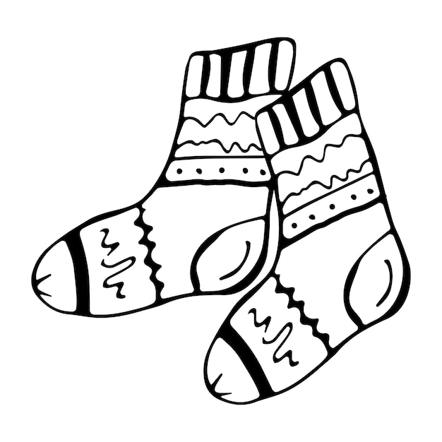 Calcetines de invierno de punto en estilo hecho a mano sobre un fondo blanco aislado Ilustración de Doodle Vector