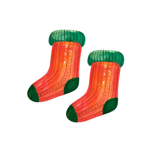 Calcetines de lana roja Acogedora colección de invierno Ilustración de vector de acuarela pintada a mano aislada en blanco