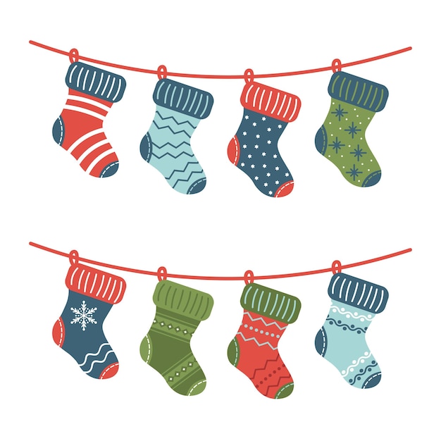 Calcetines de navidad en una cuerda ilustración vectorial