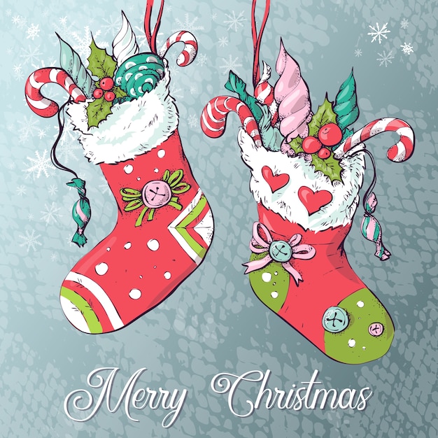 Calcetines de navidad con regalos. ilustración vectorial