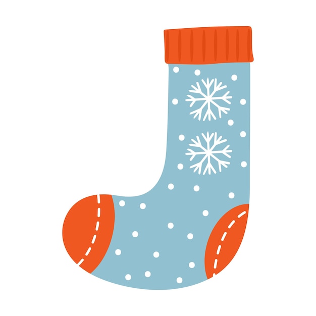 Calcetines navideños. Calcetín de Navidad o calcetín con copos de nieve. Ropa de niños con tiras. Ilustración de vector de decoración de interiores de Hygge dibujados a mano. vacaciones de invierno piso de moda.