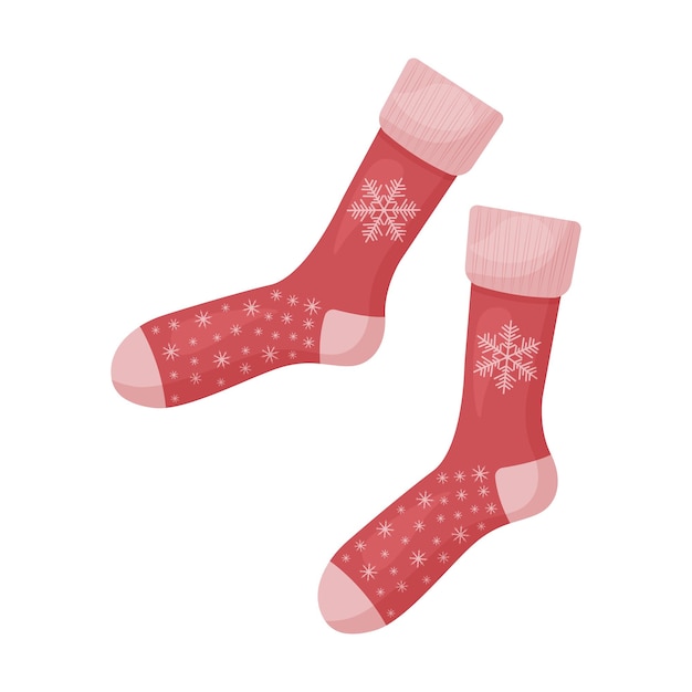 Calcetines navideños de color rojo vivo con la imagen de un gran copo de nieve. calcetines cálidos de navidad. una prenda de vestir con los símbolos de navidad y año nuevo. ropa de abrigo, ilustración vectorial.