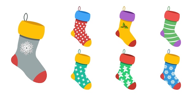 Calcetines navideños Ilustración vectorial Feliz Navidad y feliz año nuevo Colección de calcetines EPS 10
