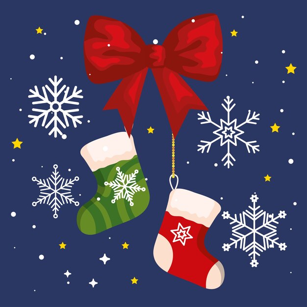 Calcetines navideños con lazo de cinta y copos de nieve, banner de año nuevo y diseño de celebración de feliz navidad