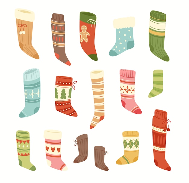 Calcetines navideños santa navidad año nuevo regalo tradicional cristianos símbolo sey ilustración diferentes textiles alimentos ropa