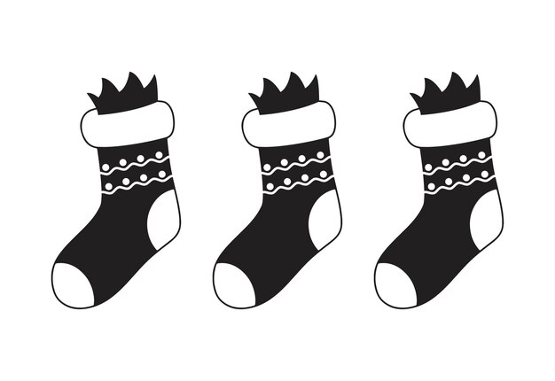 Calcetines negros divertidos de Navidad ilustraciones vectoriales ambientadas en estilo de dibujos animados sobre fondo blanco