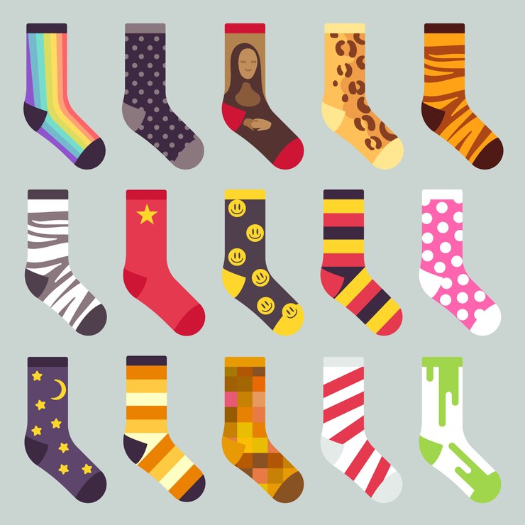 Vector calcetines de niño de textil de colores cálidos. conjunto de calcetín con patrón de color, ilustración