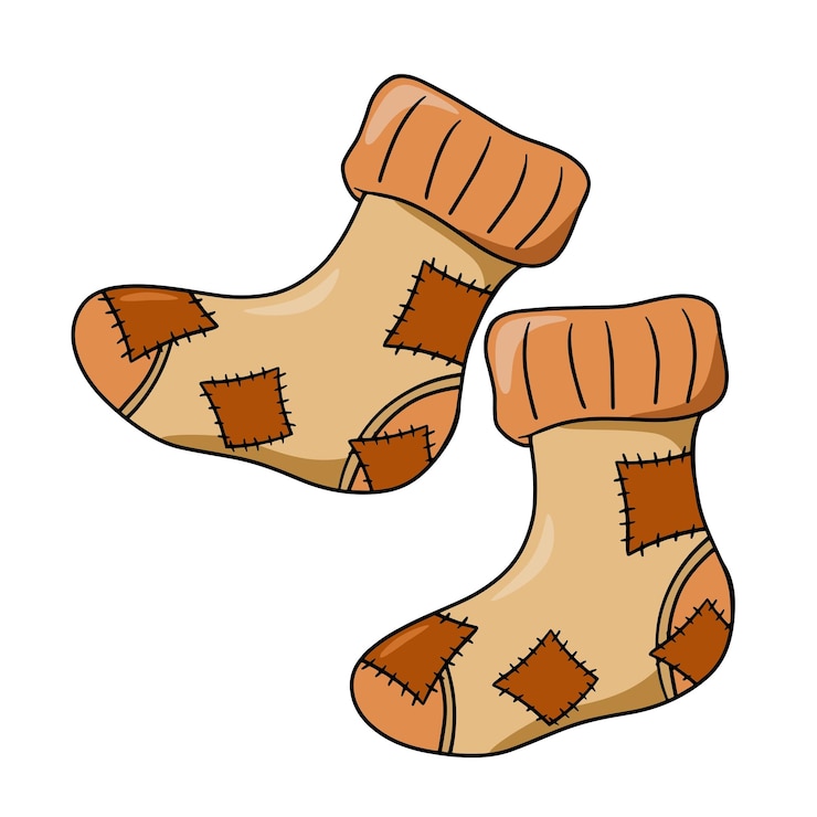 Vector calcetines de punto cálidos viejos marrones con un patrón de parches de calcetines perforados dibujos animados vectoriales