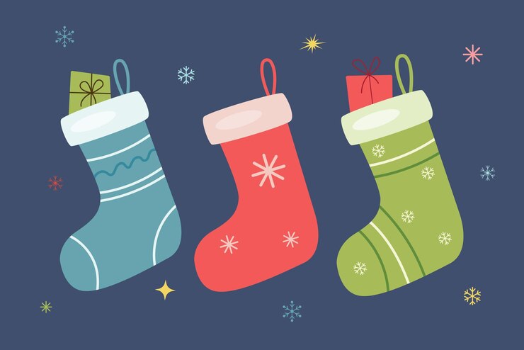 Vector calcetines con regalos. víspera de año nuevo. santa trajo regalos en calcetines. vacaciones de invierno. estilo plano