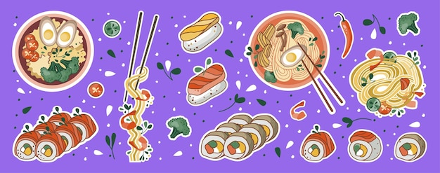 Calcomanías de comida asiática Udon o ramen sopa fideos sushi y tazón Adecuado para carteles de restaurantes logotipos y anuncios de comida rápida Mariscos