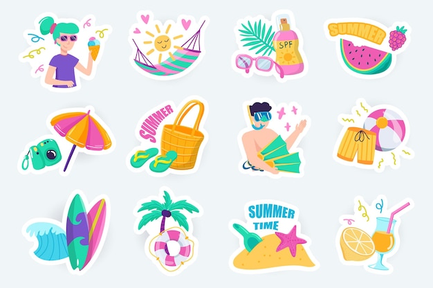 Vector calcomanías lindas de horario de verano en un paquete de diseño de dibujos animados planos de mujer con hamaca de helado