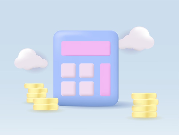 Calculadora 3d con una pila de monedas Concepto de conteo de finanzas