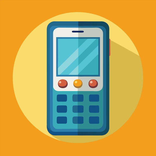 una calculadora azul con una pantalla azul y un fondo amarillo