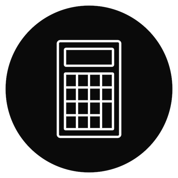 una calculadora en blanco y negro se muestra en un círculo negro