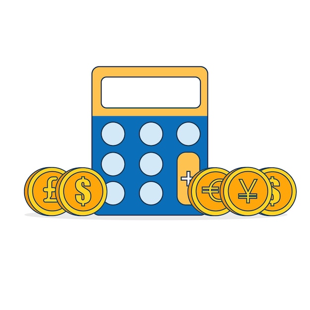 Calculadora electrónica de estilo plano con monedas ilustración vectorial