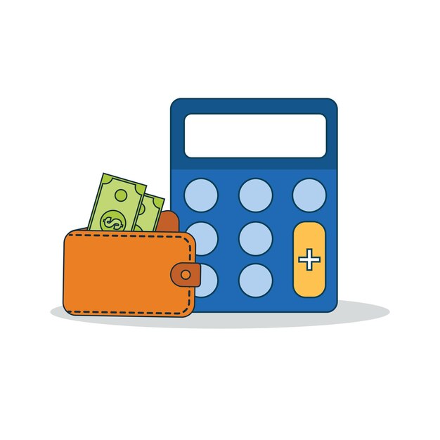 Calculadora electrónica con monedas y billetera con dinero ilustración vectorial