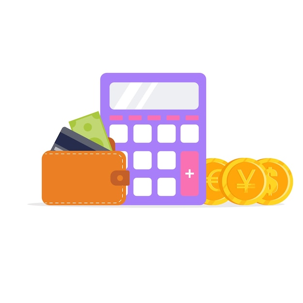 Calculadora electrónica con monedas y monedero con tarjeta de crédito de dinero Ilustración vectorial