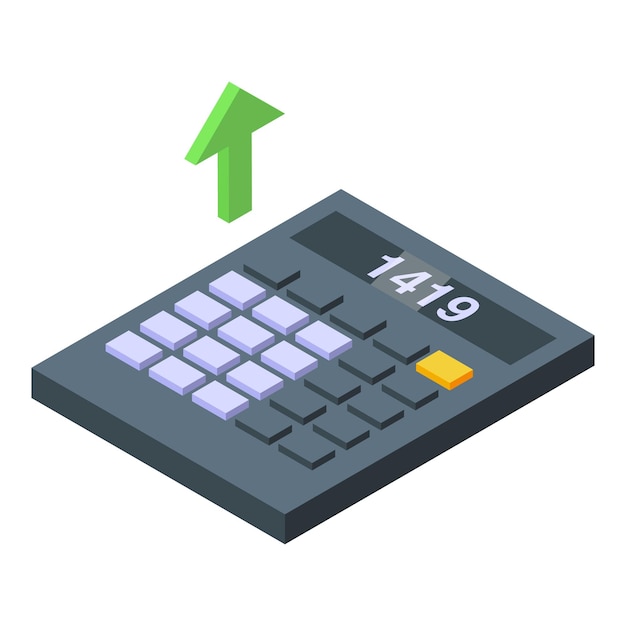 Calculadora isométrica con números crecientes en la pantalla y una flecha verde apuntando hacia arriba