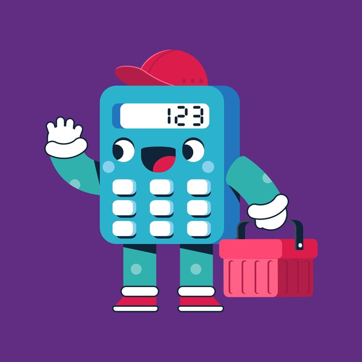 Vector calculadora linda con personaje de dibujos animados de vector de cesta de compras aislado en el fondo ilustración del concepto de regreso a la escuela