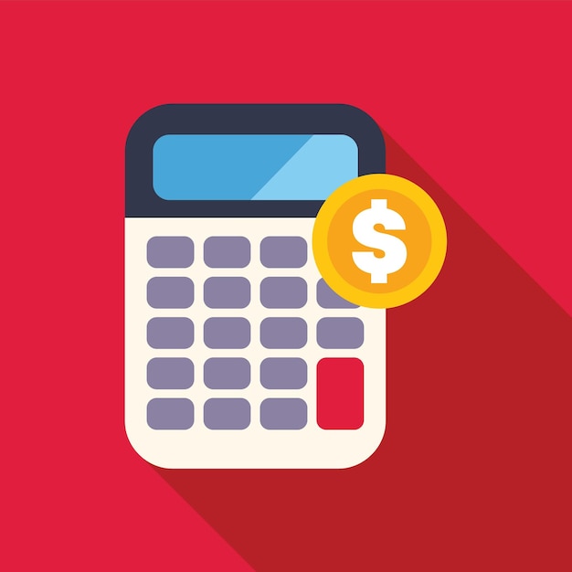 Calculadora con una moneda sobre su pantalla está haciendo una larga sombra sobre un fondo rojo