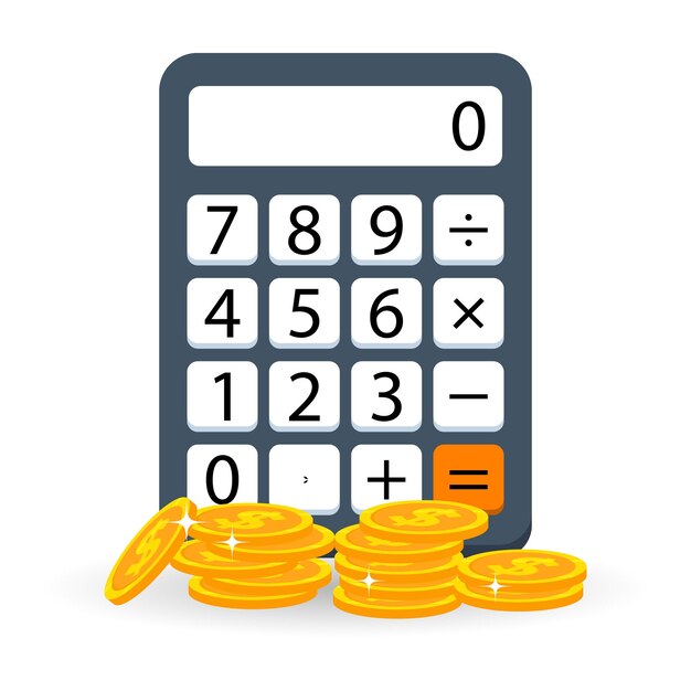 Calculadora y monedas de oro. Concepto de negocios y finanzas. cartel, vector