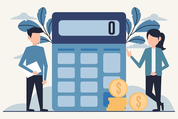 Calculadora con monedas y personas de negocios Ilustración vectorial de estilo de diseño plano