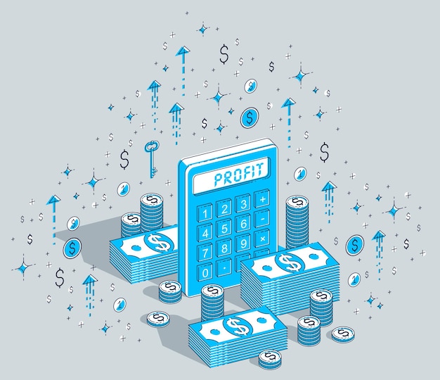 Calculadora con pilas de dinero en efectivo y pilas de monedas aisladas en fondo blanco, concepto de beneficio. Ilustración isométrica de finanzas vectoriales 3d con iconos, gráficos estadísticos y elementos de diseño.