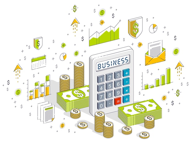 Vector calculadora con pilas de dinero en efectivo y pilas de monedas aisladas en fondo blanco, concepto financiero. ilustración isométrica de finanzas vectoriales 3d con iconos, gráficos estadísticos y elementos de diseño.